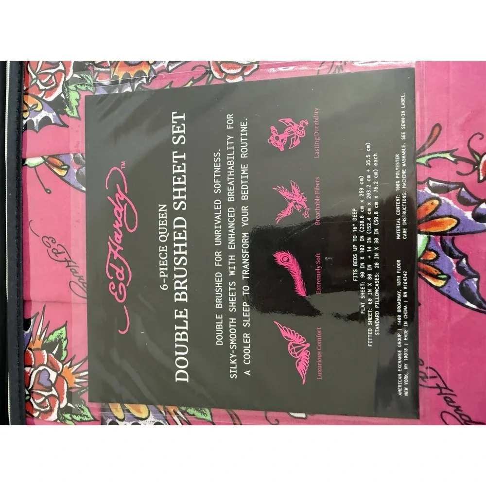 Ed Hardy Queen 6 Piece Double Brushed Sheet Set Pink Skull Butterfly Roses NWT